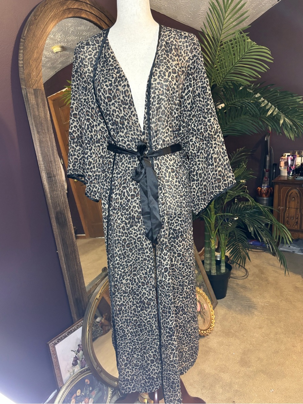 Leopard Print Long Satin Robe with Black Tie